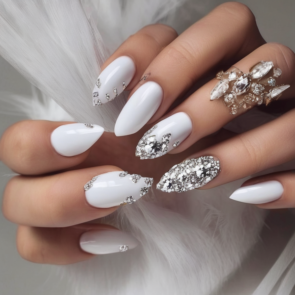 white nails with diamonds